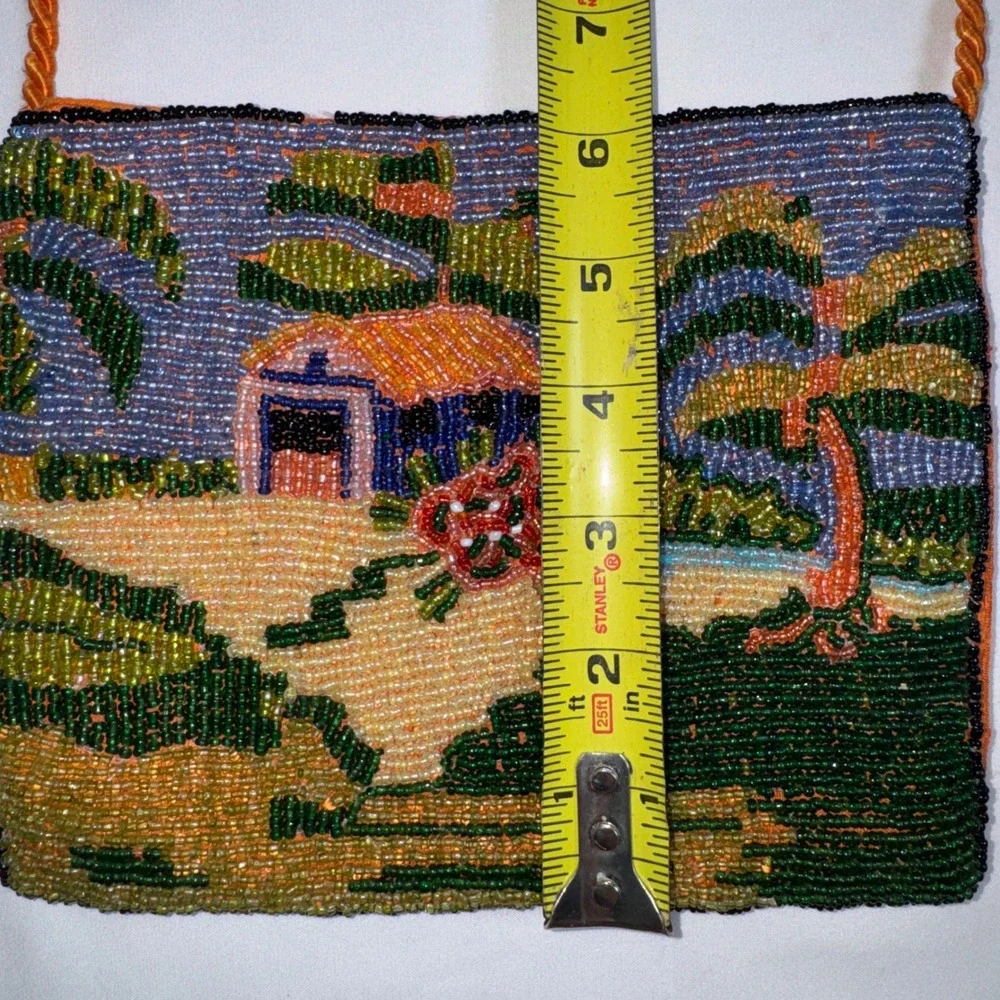 Vintage Tropical Beaded Crossbody Bag Orange Palm Tree Beach Scene Small Purse